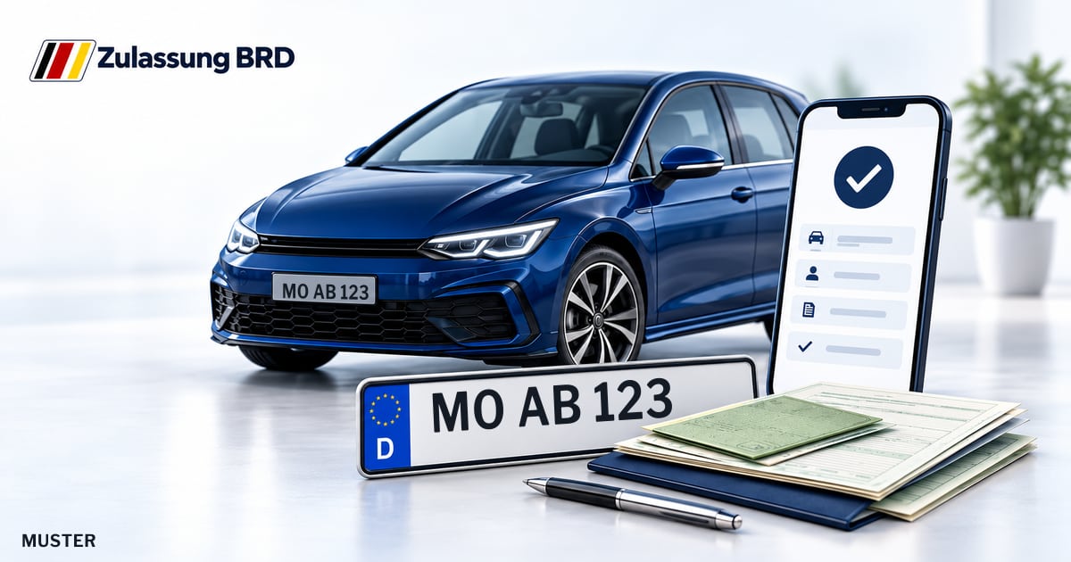 Online Fahrzeugzulassung in Alpen: Musterkennzeichen MO AB 123, Auto und Fahrzeugpapiere und Smartphone. Illustration mit Logo von Zulassung BRD.